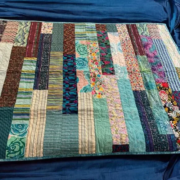 Handmade Batik Quilt, Blue purple teapots stripes floral grapes 47 x 63 Size